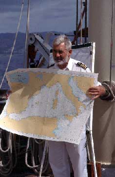 Captain Marek Marzec instructs author John Bigley in the ways of navigation. Copyright: Paris Permenter & John Bigley.