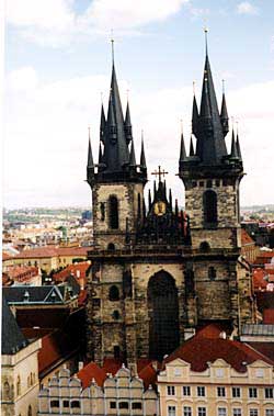 Tyn Church, a Baroque building with a Gothic interior, contains the tomb of astronomer Tycho de Brahe. Kafka lived next to it at one time in his life. Copyright Kathryn Means.