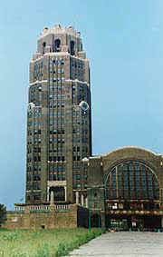 The clocks on Buffalo�s Central Terminal have been restored and lighted, but there is a long way to go. � Eric Miller