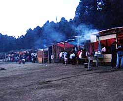 Makeshift cafes built of wood and corrugated tin line the trail to the entrance of the monarch sanctuary. We lunch on quesadillas and tacos as we are sure we will need the energy on the hike through the forest. Copyright Gary Krier, 1999