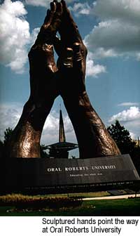 Sculptured hands point the way at Oral Roberts University. Credit: Courtesy of Tulsa Chamber of Commerce